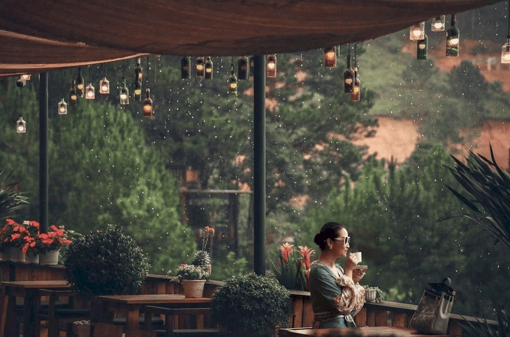 Thưởng thức đồ uống v&agrave; ngắm khung cảnh vườn hoa mang lại cảm gi&aacute;c thư th&aacute;i (Nguồn: Fanpage Qu&aacute;n Cafe Lavender Dalat - Hồ Tuyền L&acirc;m)